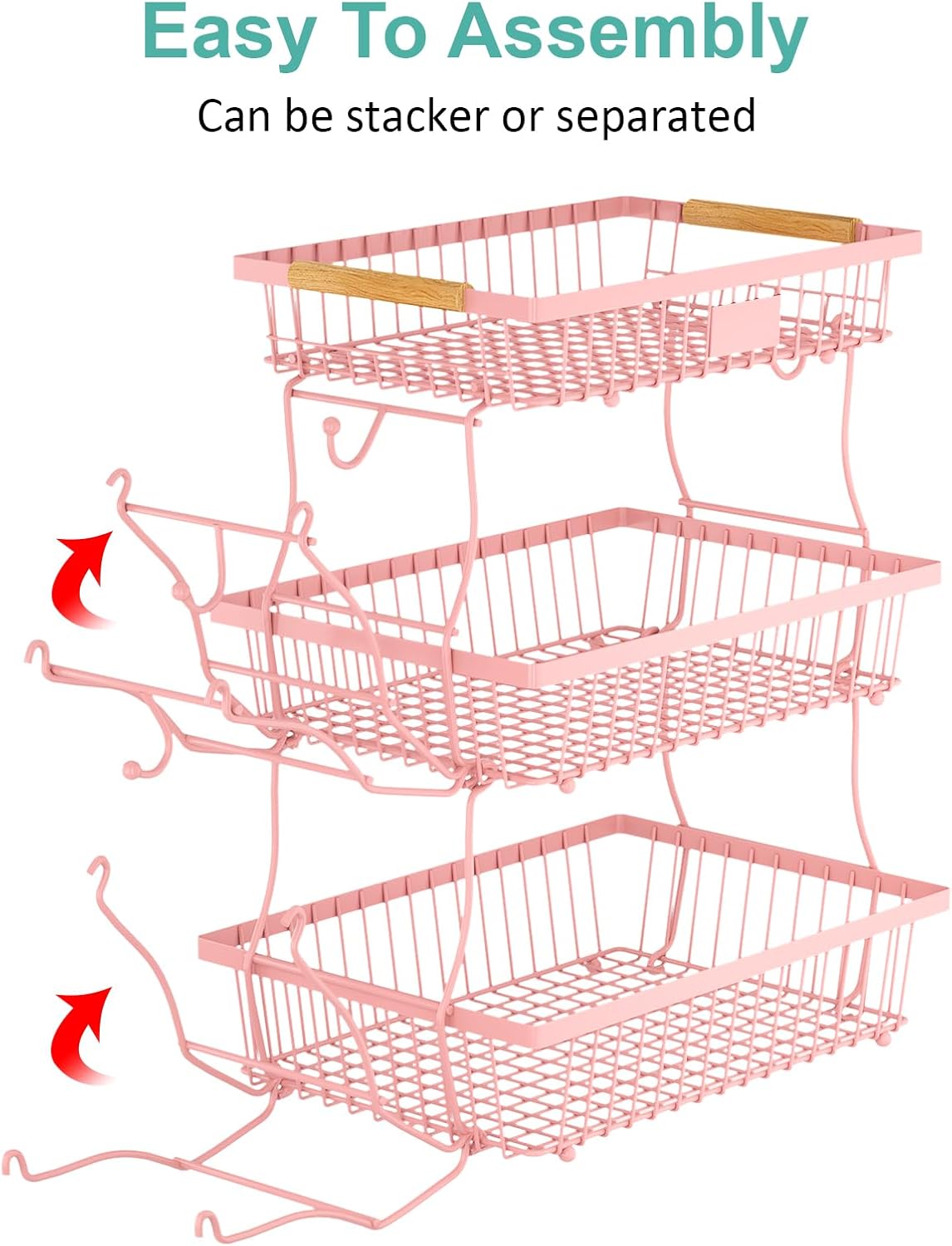 2 Tier Fruit Basket for Kitchen Counter with 2 Banana Hangers, Countertop Metal Bread Basket with Wooden Handle, Large Storage Stand for Vegetables, Snacks, Eggs, Produce Storage – Black