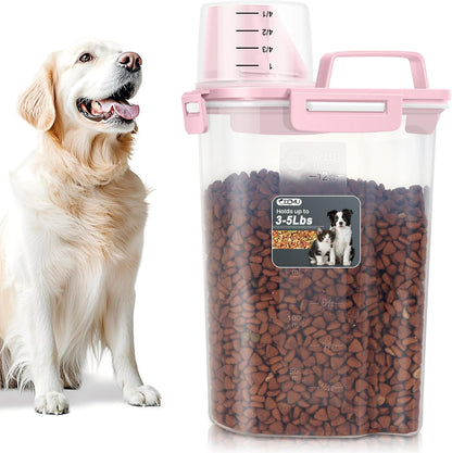 Dog Cat Food Storage Container 3-5lb, Pet Food Container Airtight with Large Spout & Cup, BPA-Free Plastic Food Dispenser for Pet Food, Bird Seed, Rice, Flour (Pink (3L-1pack))