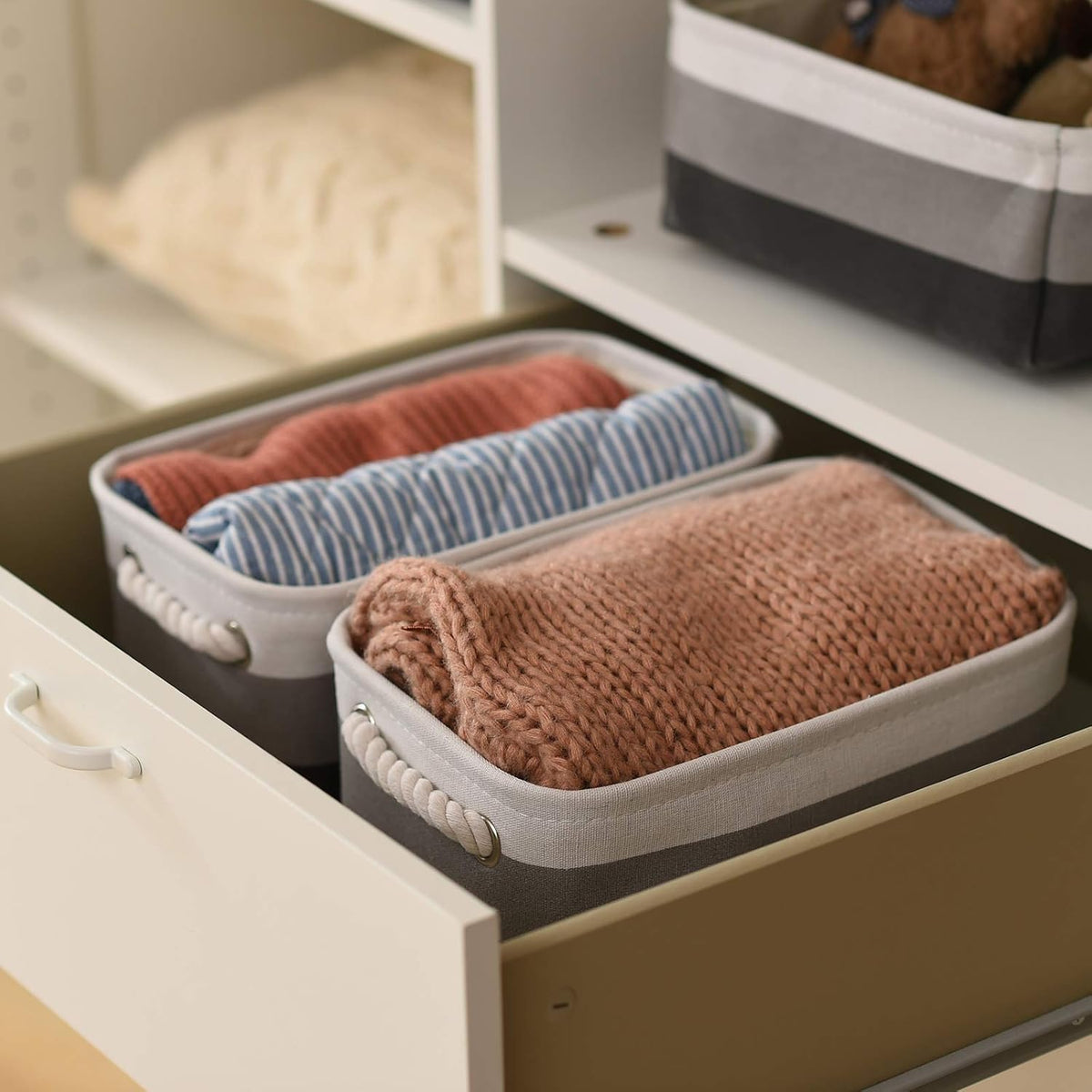 Fabric Storage Bins 12x8x5 inch [6-Pack] with Rope Handles - Decorative Baskets for Organizing