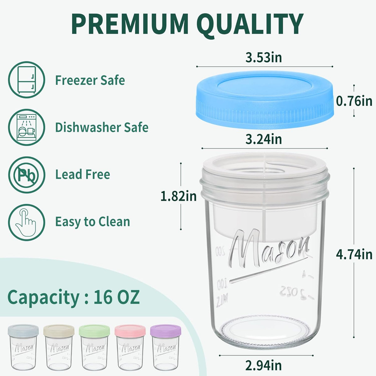 Xyptorix 16 oz Overnight Oats Containers with Lids, Leak-Proof Wide Mouth Mason Jars & Separate Compartments for Fruits/Nuts, Airtight Glass Jars for Chia Pudding, Yogurt, Parfait and Salad