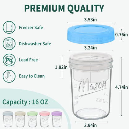 Xyptorix 16 oz Overnight Oats Containers with Lids, Leak-Proof Wide Mouth Mason Jars & Separate Compartments for Fruits/Nuts, Airtight Glass Jars for Chia Pudding, Yogurt, Parfait and Salad