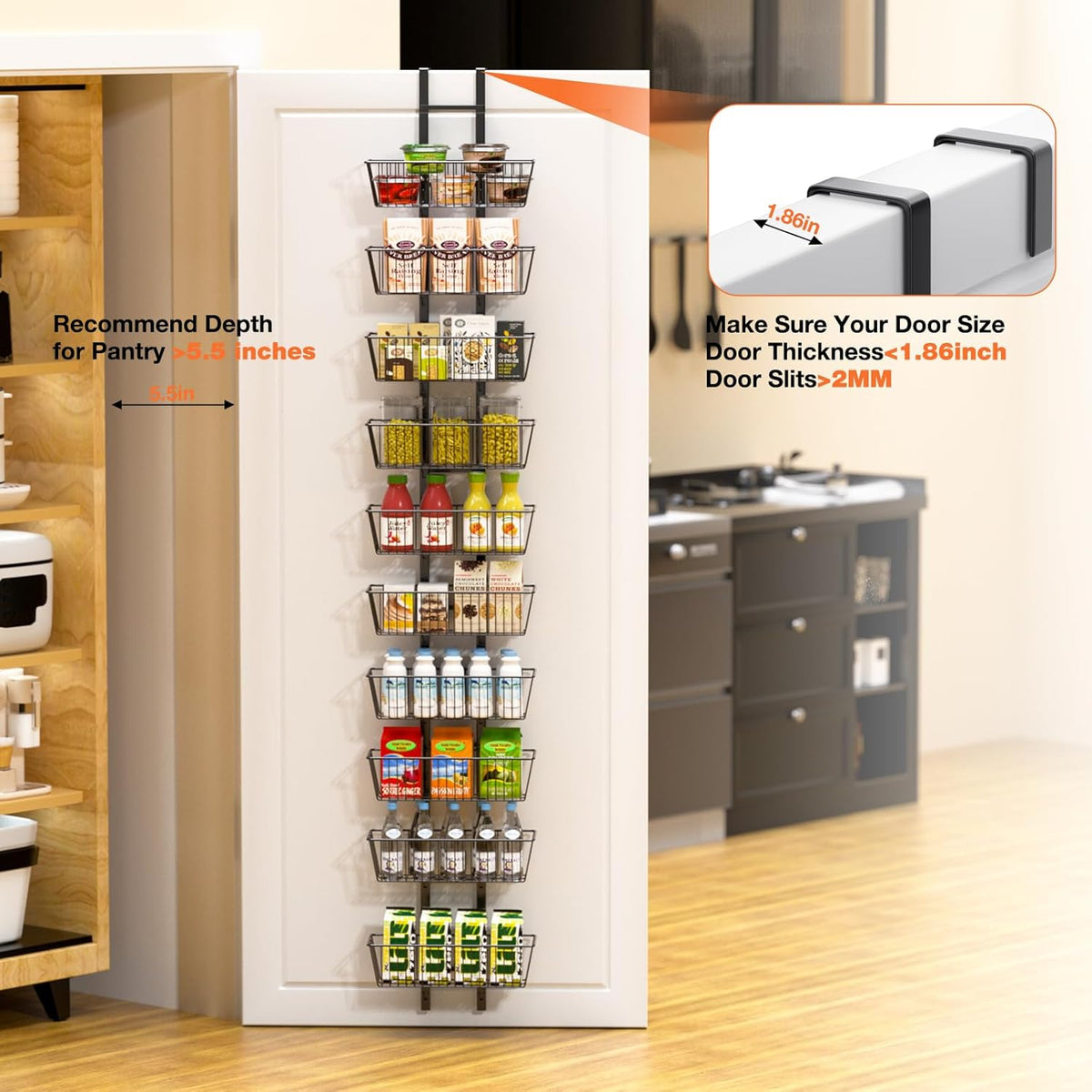 10 Tier Over the Door Pantry Organizer, Over the Door Spice Rack with Adjustable Baskets, Metal Hanging Door Pantry Organizers and Storage for Kitchen Bathroom Bedroom, White