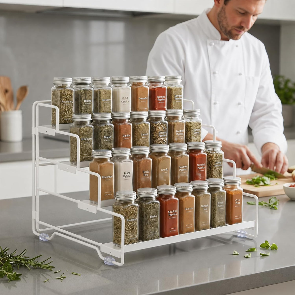 Spice Rack Organizer for Cabinet, Tiered Adjustable Spice Shelf Organization, Metal Seasoning Rack for Kitchen Countertop Cupboard Pantry, Raised Edge Anti-Slip Design for Jars and Bottles
