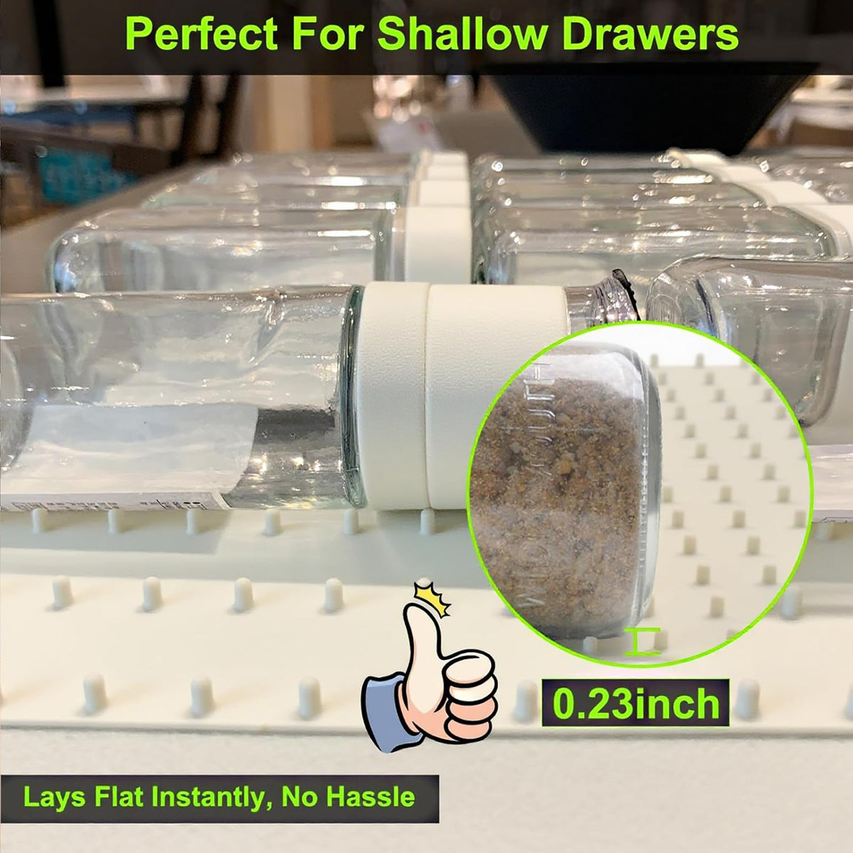 Gosmol Spice Drawer Organizer insert, Adjustable & Non-Slip Silicone Spice Drawer Liner, in Drawer Spice Organizer for Seasoning Jars and Spices Bottles -Grey