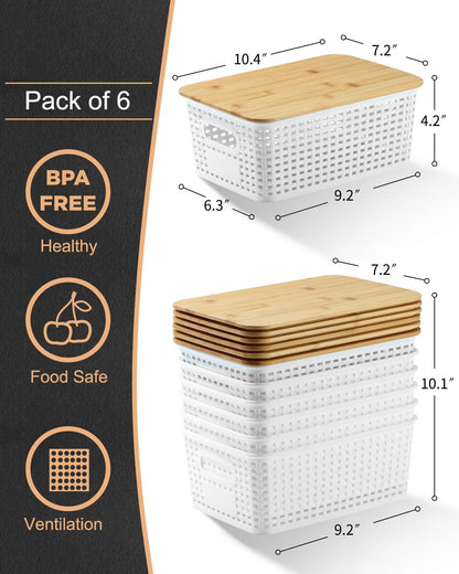 EOENVIVS Plastic Storage Baskets with Bamboo Lids for Pantry Organization and Storage Containers Bins for Shelves Drawers Desktop Closet Playroom Classroom Office Home, 6 Pack,White