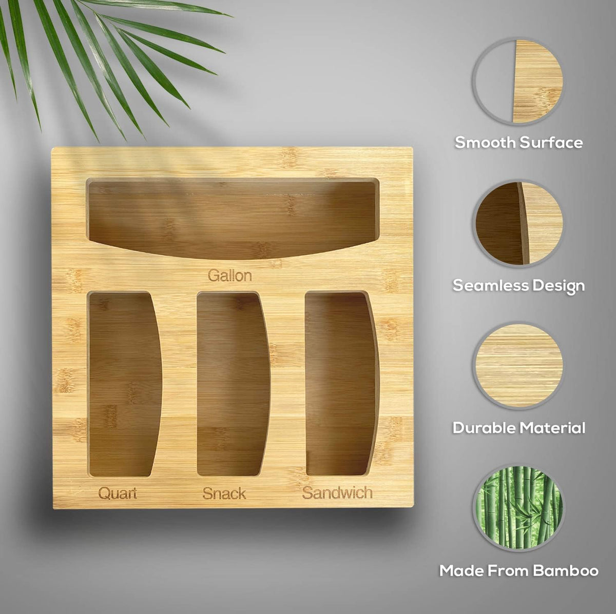 Bamboo Food Bag Storage Organizer for Kitchen Drawer, Baggie Holder for Solimo, Glad, Hefty Gallon, Quart, Sandwich and Snack Variety Size Bags (1 Box 4 Slots)