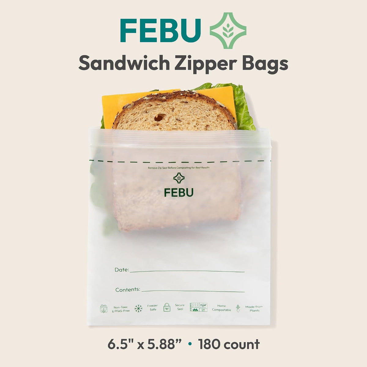 FEBU Compostable Food Storage Bags Variety Pack, 260 Count | Compostable & Biodegradable | PFAS & BPA Free | Drawer Organizer Box | 90 Snack, 90 Sandwich, 50 Quart, 30 Gallon