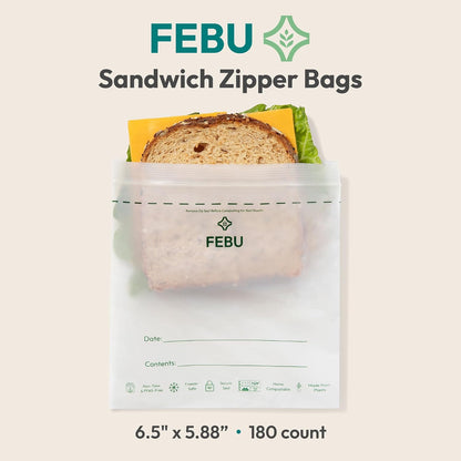 FEBU Compostable Food Storage Bags Variety Pack, 260 Count | Compostable & Biodegradable | PFAS & BPA Free | Drawer Organizer Box | 90 Snack, 90 Sandwich, 50 Quart, 30 Gallon