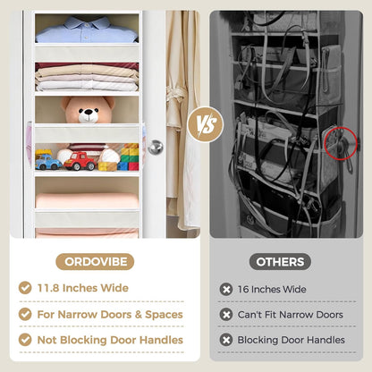 5 Tiers Over the Door Organizer with 10 Mesh Side Pockets, 44 lbs Weight Capacity Closet Hanging Storage Organizer with Large Clear Window Kids Toys, Shoes, Diapers, Beige