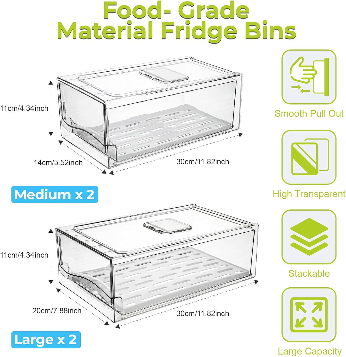 4Pack Fridge Organizer, Stackable Refrigerator Organizer Bins, Reusable Food Storage Containers, BPA-Free with Drain Tray for Bathroom, Kitchen, Refrigerator, Pantry (4 Drawers, Large, Medium)