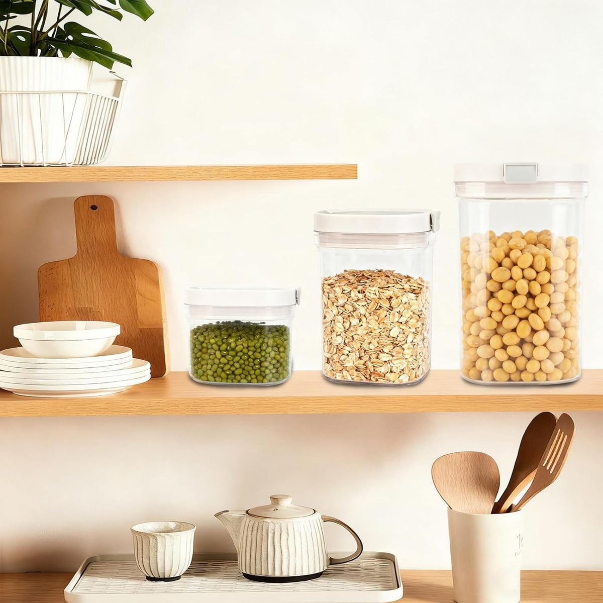 Airtight Food Storage Container, 44oz Moisture-Proof Canister with Measuring Spoon for Coffee, Protein Powder, Sugar, Flour, Cereal, Kitchen & Pantry Organization (1300ML)