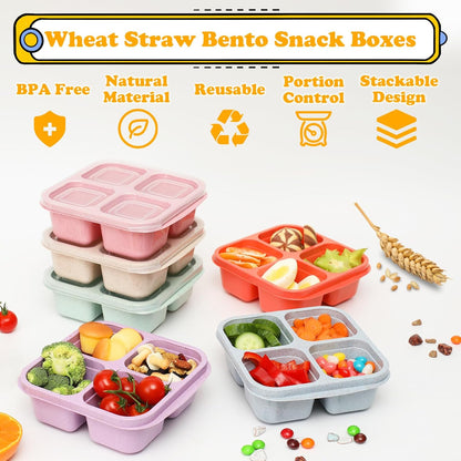 Snack Containers, 4 Compartment Snack Box Containers Bento Box, Reusable Meal Prep Lunch Containers for Adults Kids Toddler, Divided Food Containers for Travel Work School