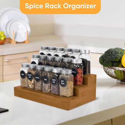 Bamboo Spice Rack Organizer for Cabinet 2 Pack - 3 Tier Countertop Step Shelf, Seasoning Storage Stand for Kitchen Pantry, Spice Holder for Jars Bottles Cans (Natural)