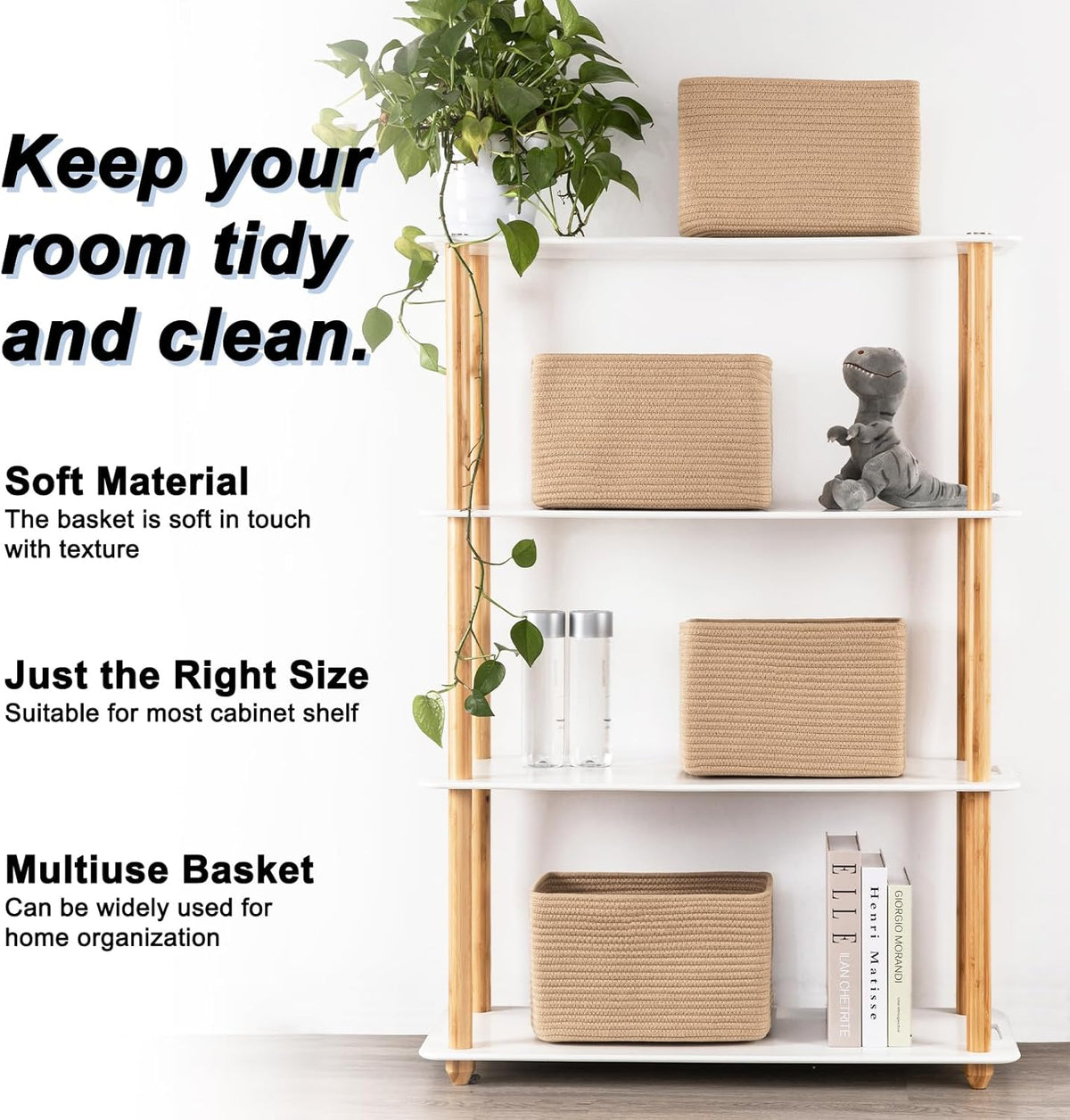 4 Pack Storage Baskets for Organizing, Woven Baskets for Shelves - Perfect for Toys, Books, Towels, and Clothes, Durable Gift Basket Bins Toy Storage, 12.7''Lx9''Wx7.8''H, Brown & White