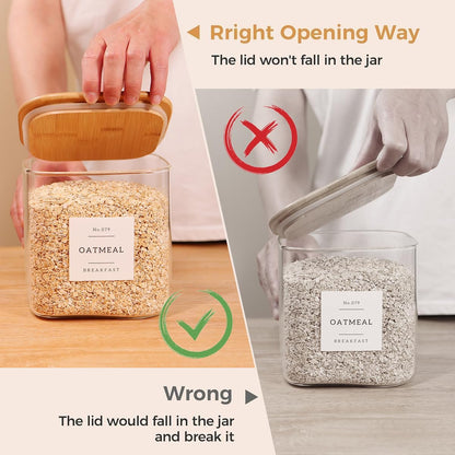 CZZGSM 2 Pack Square Glass Flour and Sugar Containers with 132 Kitchen Pantry Labels - Thicken 149 FL OZ Large Glass Storage Jars with Airtight Bamboo Lid - Big Food Canisters for Rice, Pasta, Cookie