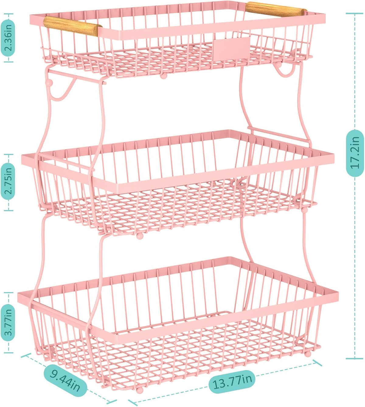2 Tier Fruit Basket for Kitchen Counter with 2 Banana Hangers, Countertop Metal Bread Basket with Wooden Handle, Large Storage Stand for Vegetables, Snacks, Eggs, Produce Storage – Black