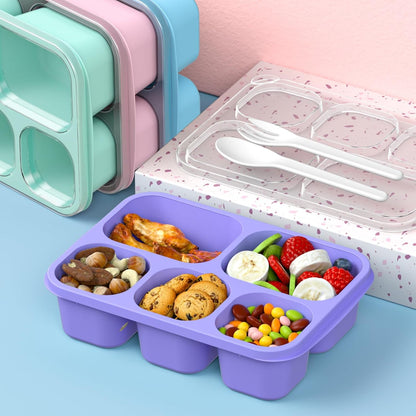 Bento Box Adult Lunch Box - 4 Pack, 5 - Compartment Meal Prep Container for Kids, Reusable Food Storage Snack Containers - Stackable for School, Work, and Travel (Wheat(Green/Blue/Pink/Beige))