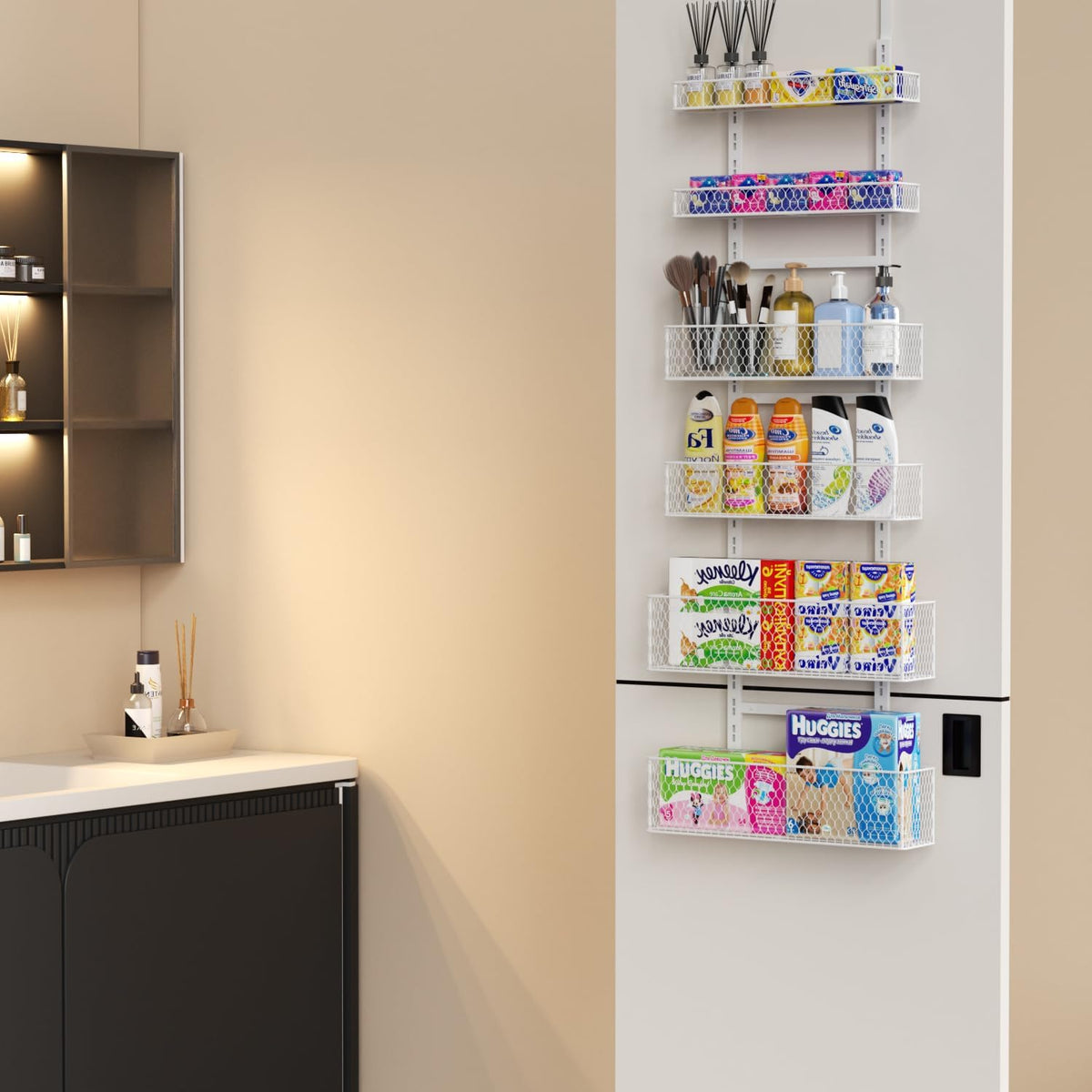 Bunoxea 6-Tier Over The Door Pantry Organizer,Hanging Spice Rack,Over Door Adjustable Basket with Handle,Pantry Organization And Storage, Laundry Room,Bathroom,Large Capacity,D5.3xW15.7xH60.9in