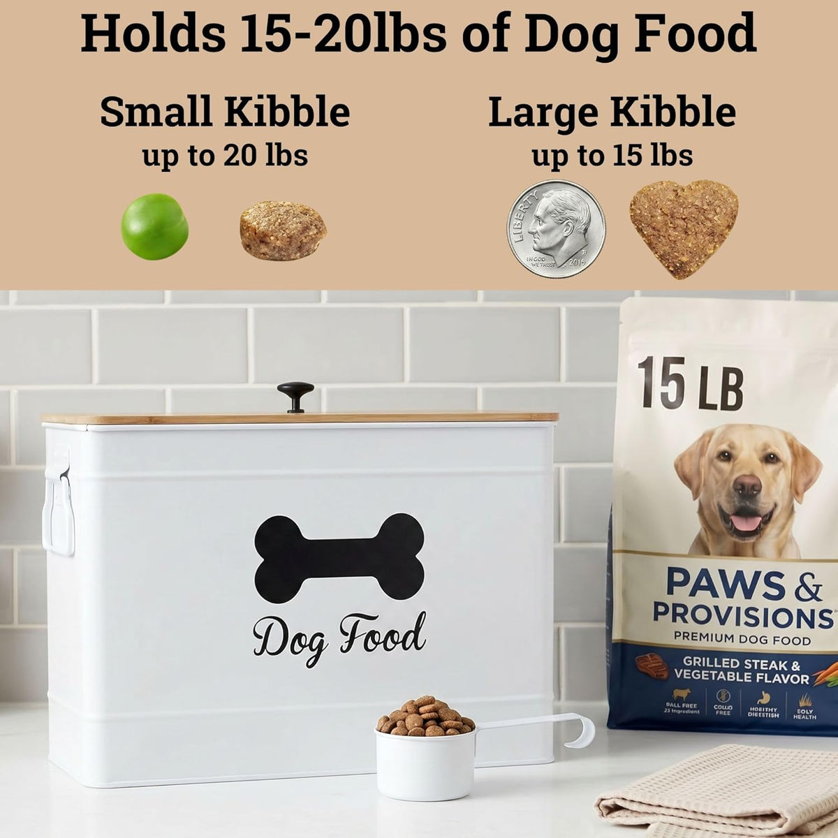 Dog Food Container Airtight 15-20 lb (70 Cup) Capacity with Metal Scoop - Cute Airtight Dog Food Storage Container with Bamboo Lid - Black Metal Kibble Storage Bin for Dogs up to 100 lbs - Big Pet Jar