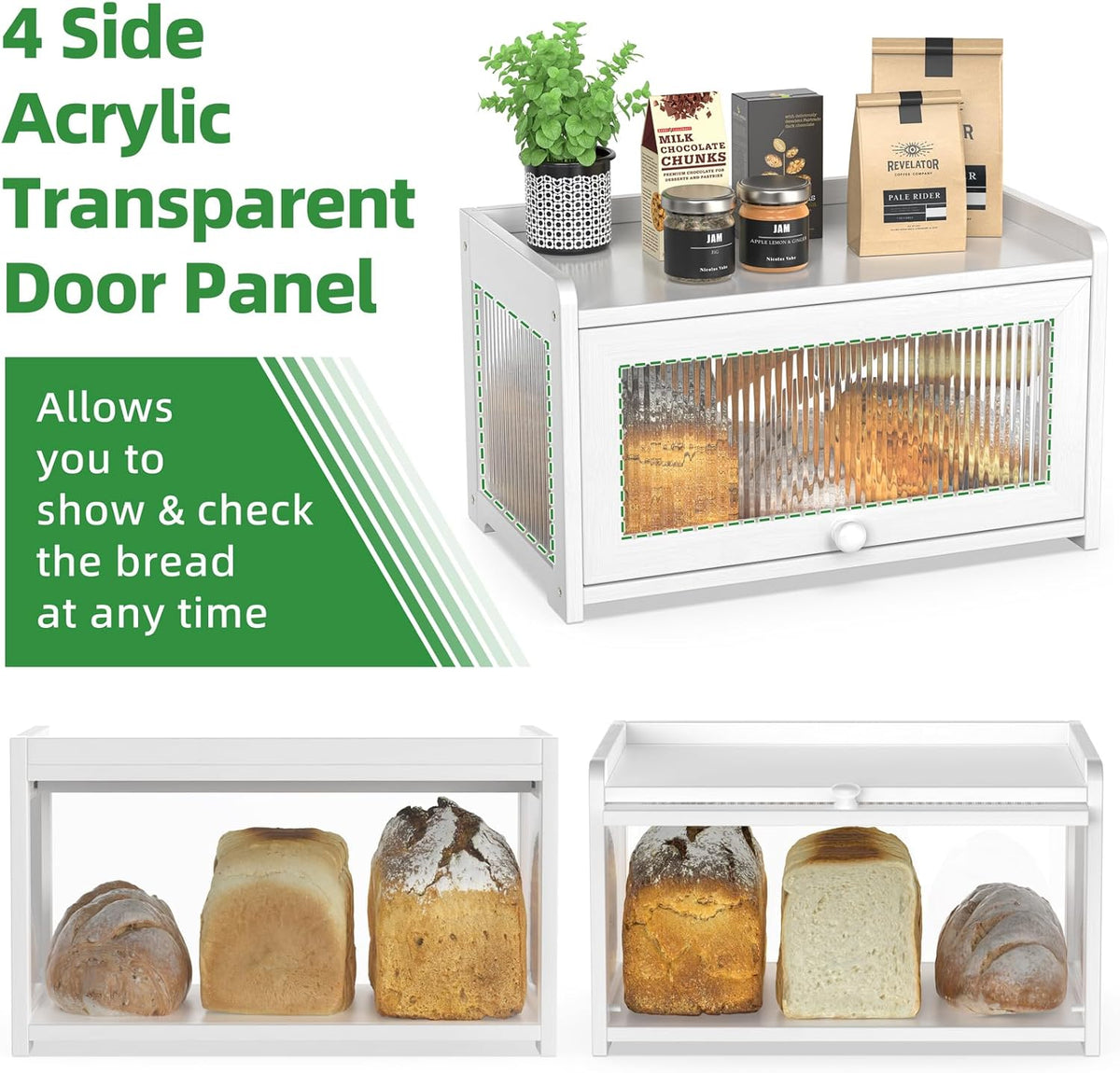 BAMBANG Bamboo Bread Box for Kitchen Countertop, Extra Large Farmhouse Bread Box with 4-Side Clear Panels, Wooden Bread Storage Container for Homemade Bread, Natural