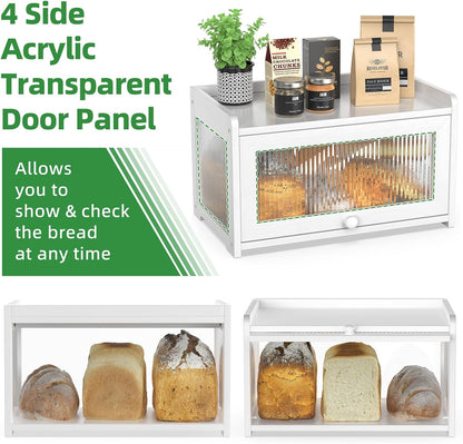 BAMBANG Bamboo Bread Box for Kitchen Countertop, Extra Large Farmhouse Bread Box with 4-Side Clear Panels, Wooden Bread Storage Container for Homemade Bread, Natural