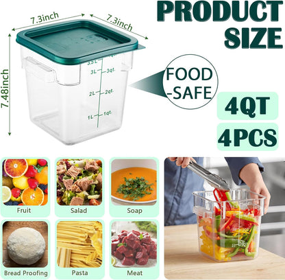4 Pack 4QT Food Storage Containers with Green Lids, Clear Square Restaurant Commercial Food Storage Containers with Handle and Scale, Marinating Container Dough Rising Bucket for Home & Dining