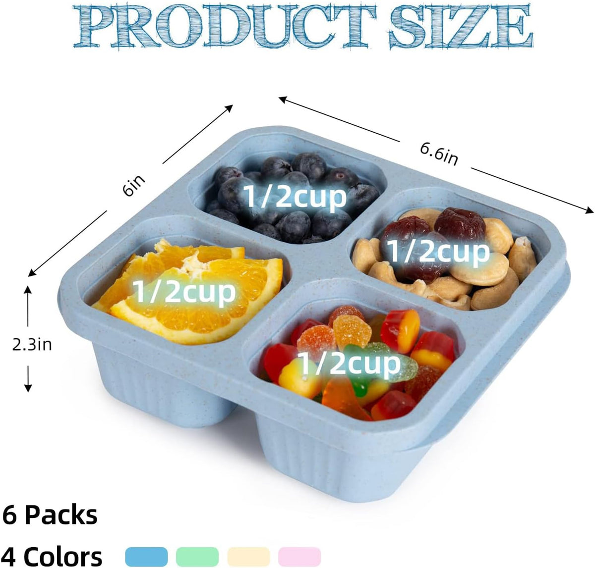 6 Pack Bento Box, 4 Compartment Lunchable Snack Containers with Lids for Meal Prep, School, Travel, Reusable Divided Lunch Food Container for Adults, Kids, Toddlers