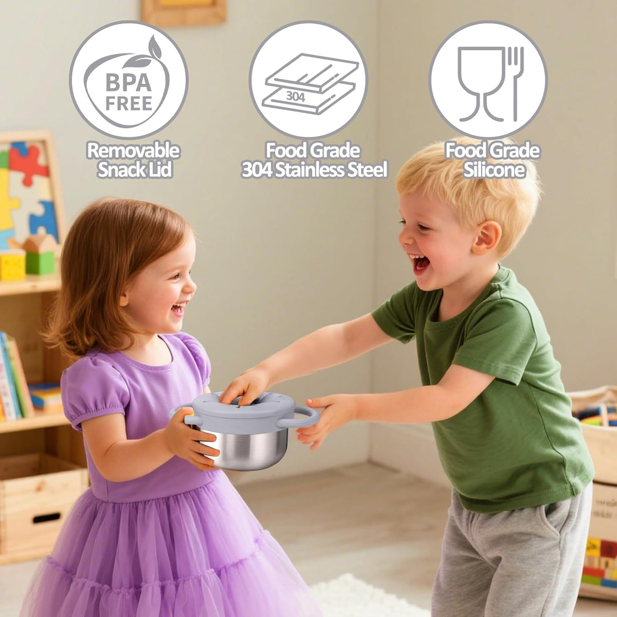BUSOHA 2 Pack Stainless Steel Toddler Snack Cups - 9 OZ Spill-Proof Baby Snack Containers with Silicone Catcher and Lid Travel Snack Containers for Kids Food Grade Silicone Dishwasher Safe
