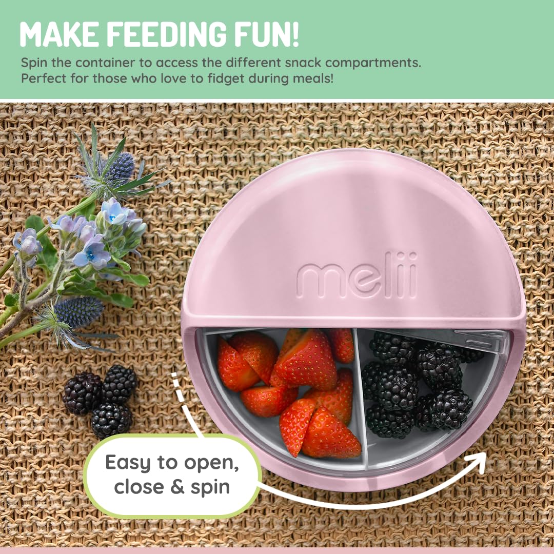 melii Spin Snack Container | 3-Compartment Rotating Snack Box with Sliding Window, BPA-Free, Dishwasher Safe, Portable Snack Container for Kids Ages 3+ (Blue)