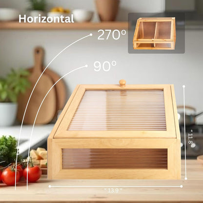 Corner Bread Box for Kitchen Countertop – 2 Tier Large Bamboo Breadbox with Acrylic Wavy Door and Adjustable Shelf | Modern Wooden Storage Bin, Black Farmhouse Kitchen Organizer (Wooden)