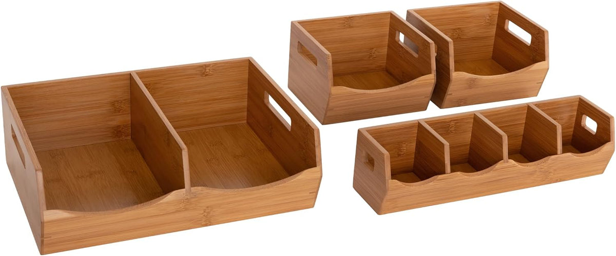 Seville Classics Bamboo Premium Organizer Storage Bins for Kitchen Silverware, Pantry, Closet, Office Desk, Pens, Utensils, Makeup, K Cup, Bamboo, Bag Holder Bin Set