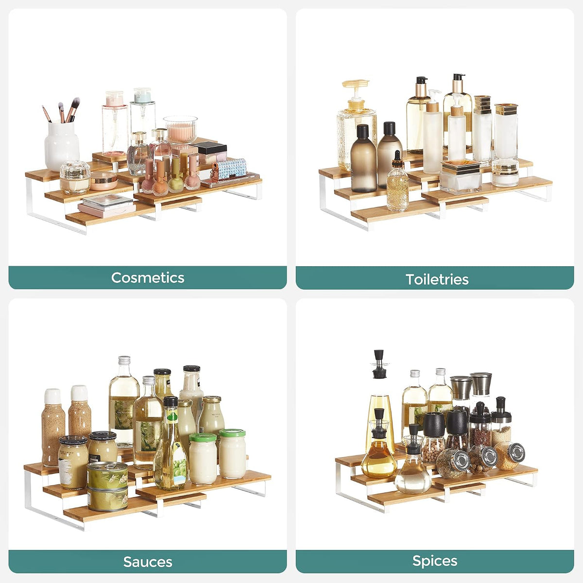 SONGMICS Display Risers, Set of 2 Engineered Wood Perfume Organizer Stand, 4-Tier Cupcake Stand Holder, Spice Rack, Shelf Risers for Figures, Dessert Shelves, Natural Beige and Cloud White UKCS216N02