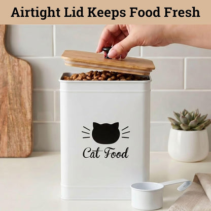 Cat Food Storage Container with Scoop - 5-7 lb (25 Cup) Capacity Metal Cat Food Container with Airtight Bamboo Lid and Metal Scoop - Airtight Pet Food Storage Containers 5 lb - 7 lb Kibble Container
