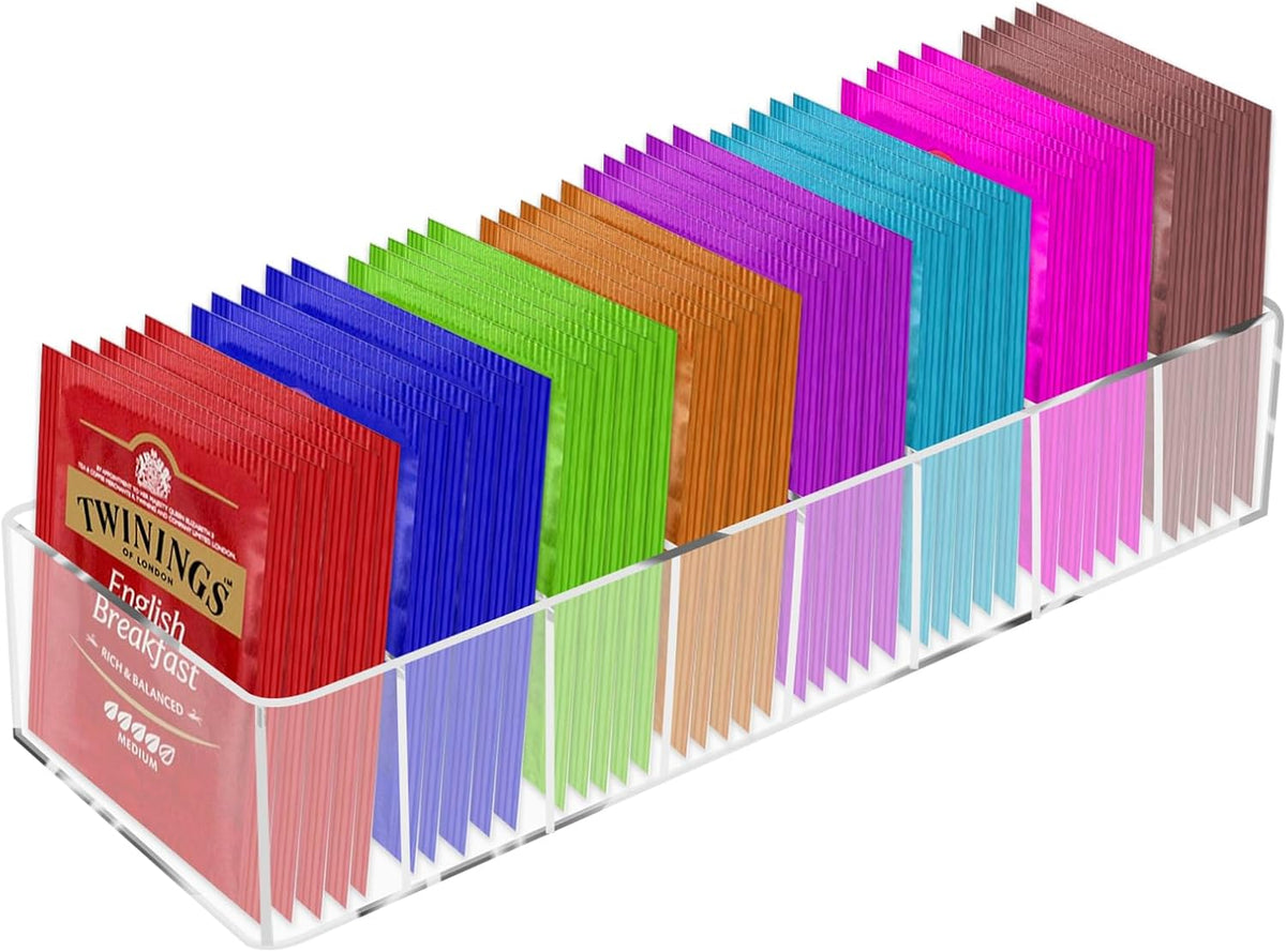 Acrylic Tea Bag Organizer, Clear Small Tea Packet Storage Box Clear Holder with 8 Slot, for Drawer, Countertop, Pantry, Kitchen, Cabinet, Shelf, 1 Pack (Removable partition)