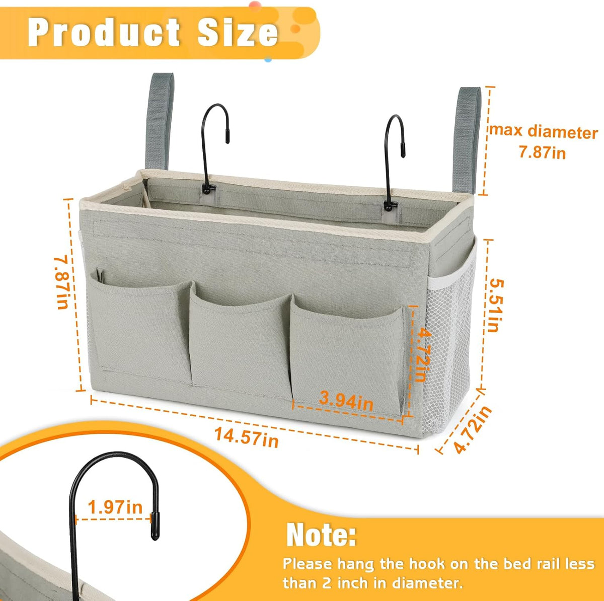 Lilithye Bedside Caddy Storage Organizer with Fixed Straps and Water Bottle Holder for Home, College, Dorm, Bunk/Hospital/Crib Bed Rails, White