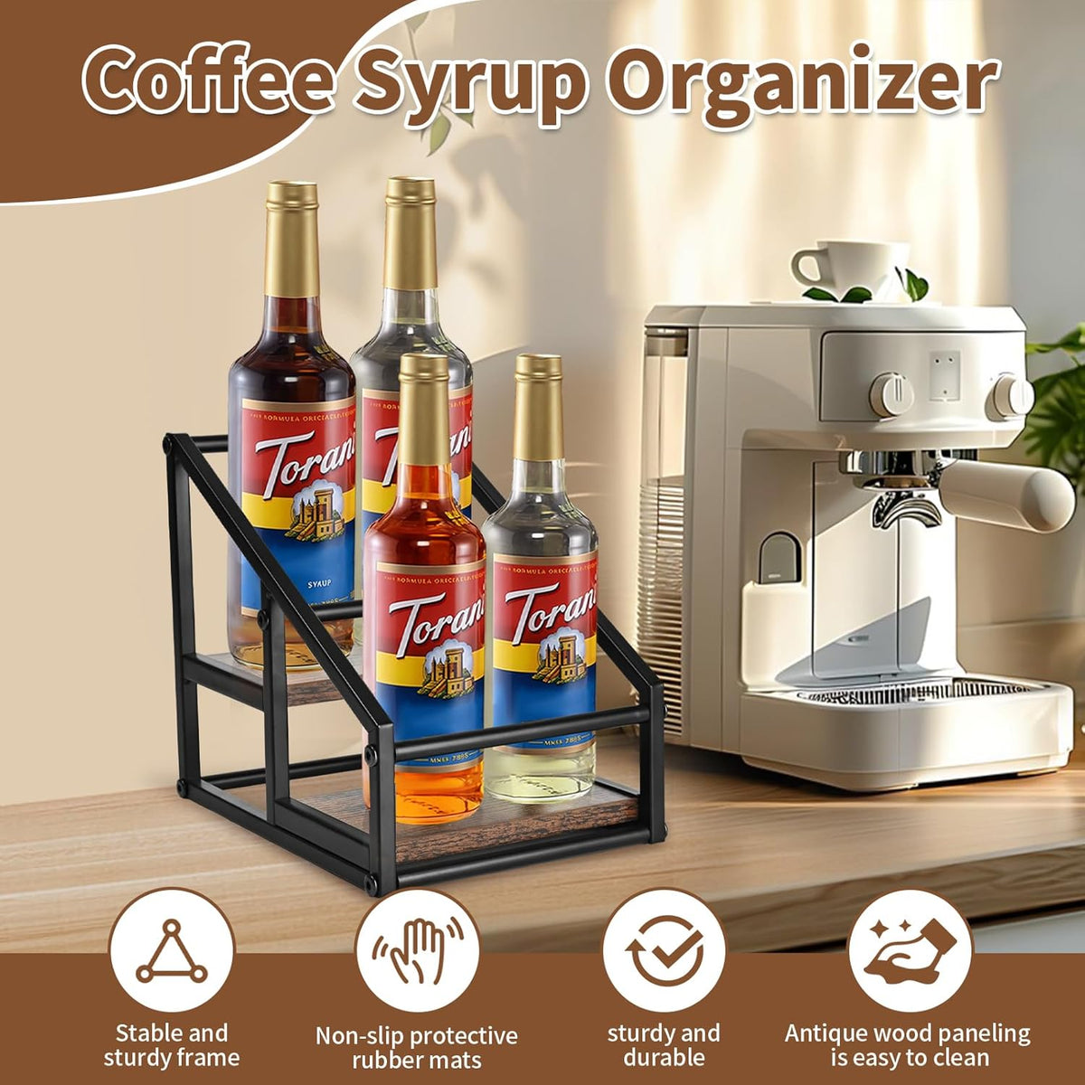 Coffee Syrup Organizer Rack, Liquor Bottle Display Shelf, Spice Racks, 4-Tier 16 Syrup Bottles Holder Stand for Coffee Bar Kitchen Small Wine Rack for Bar Family Storage for Syrup Wine Dressing