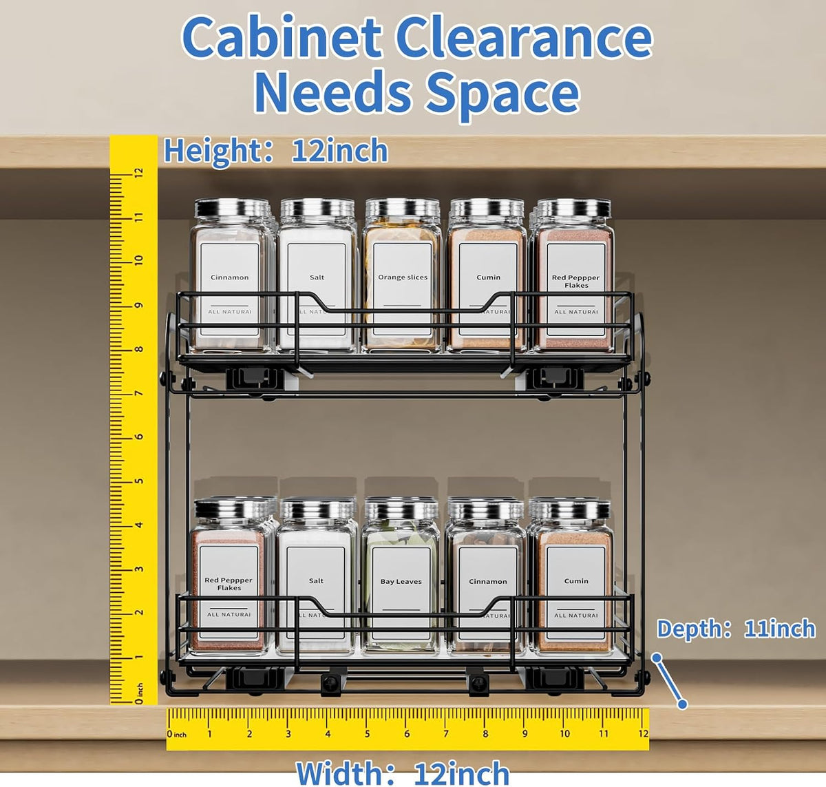 BOIVSHI 2-Tier Spice Rack, Pull Out Cabinet Organizer Spice Racks Height Adjustable Heavy Duty Metal Basket for Inside Cabinets & Pantry Closet(9.5''Wx10.5''Dx9.5''H)