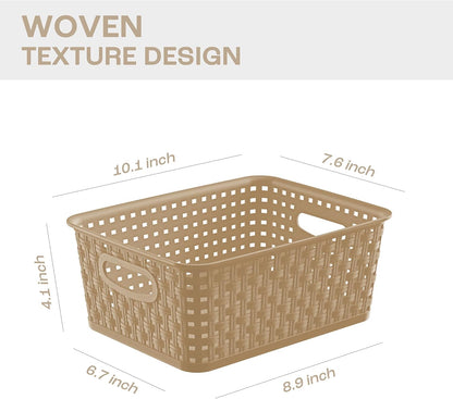 Khaki Stackable Storage Baskets, Plastic Weave Basket Organizer and Storage Set of 12, Pantry Organizing Baskets for Shelves, Kitchens, Bathrooms, Classrooms, Cabinets and Bedrooms
