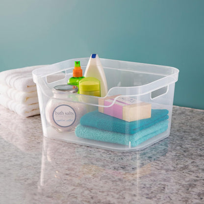 Sterilite 7 x 11 x 14.25 Inch Polished Open Scoop Front Storage Bin with Comfortable Carry Through Handles for Household Organization, Clear