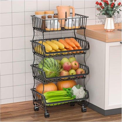 Gsiekare 3-Tier Rolling Pantry Organizer and Storage Cart with Wheels – Stackable Wire Snack Cart for Kitchen, Pantry Shelves and Storage Rack for Fruit, Vegetables, Onion, Potato (1 Pack)