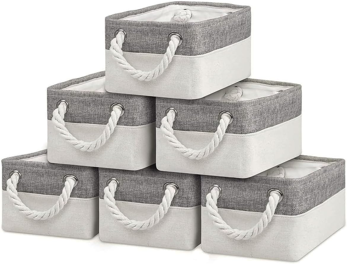 Fabric Storage Bins 12x8x5 inch [6-Pack] with Rope Handles - Decorative Baskets for Organizing