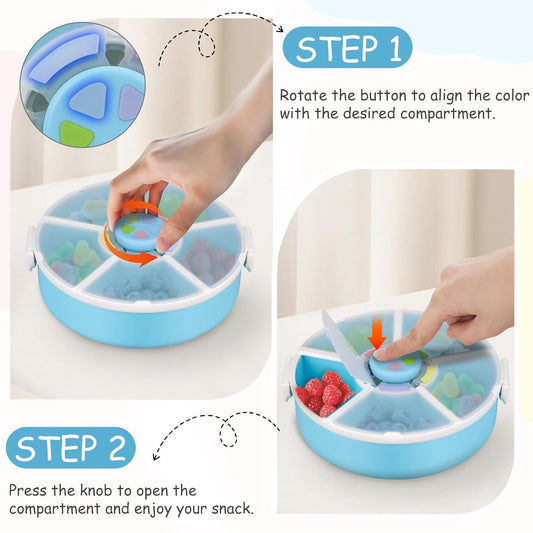 JOOPETALK Kids Reusable Rotating Snack Container with 5 Separate Compartments, Color Matching Opening Lid, BPA/PVC-Free, Dishwasher Safe, Perfect for Travel, School Lunches & On-the-Go Snacking-Blue