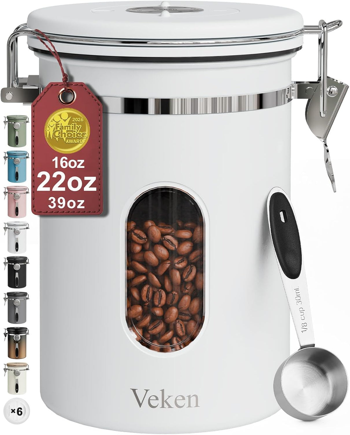 Veken Coffee Canister with Window, Family Choice Awards Winner, Airtight Stainless Steel Home Kitchen Food Storage Container with Lids for Grounds, Beans, Tea, Flour,Cereal,Sugar Jars,Scoop,16OZ,Black