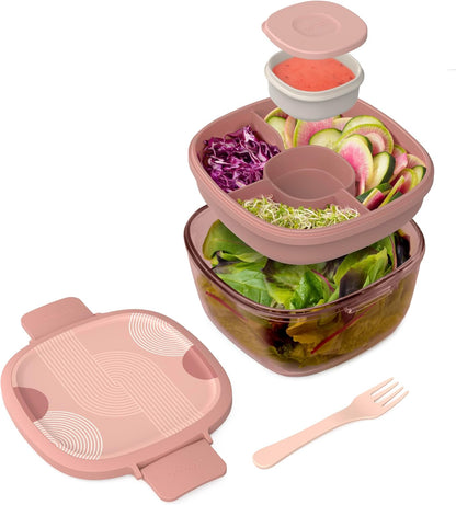 Bentgo Glass Prints Salad Container - 7.6-Cup Tinted Glass Salad Bowl with Airtight Lid, Leak-Proof Sauce Container, 4-Compartment Bento Meal Prep Tray & Reusable Fork (Floral Maximalist - Sea)