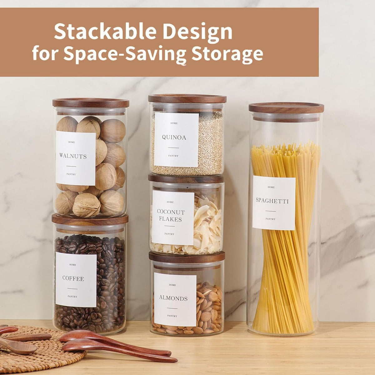 Glass Rice Containers with Acacia Wood Lids, 70oz Airtight Flour and Sugar Jars with 105 Labels, Large Glass Pantry Storage Jars for Cereal, Protein Powder, Cookies, Dry Food
