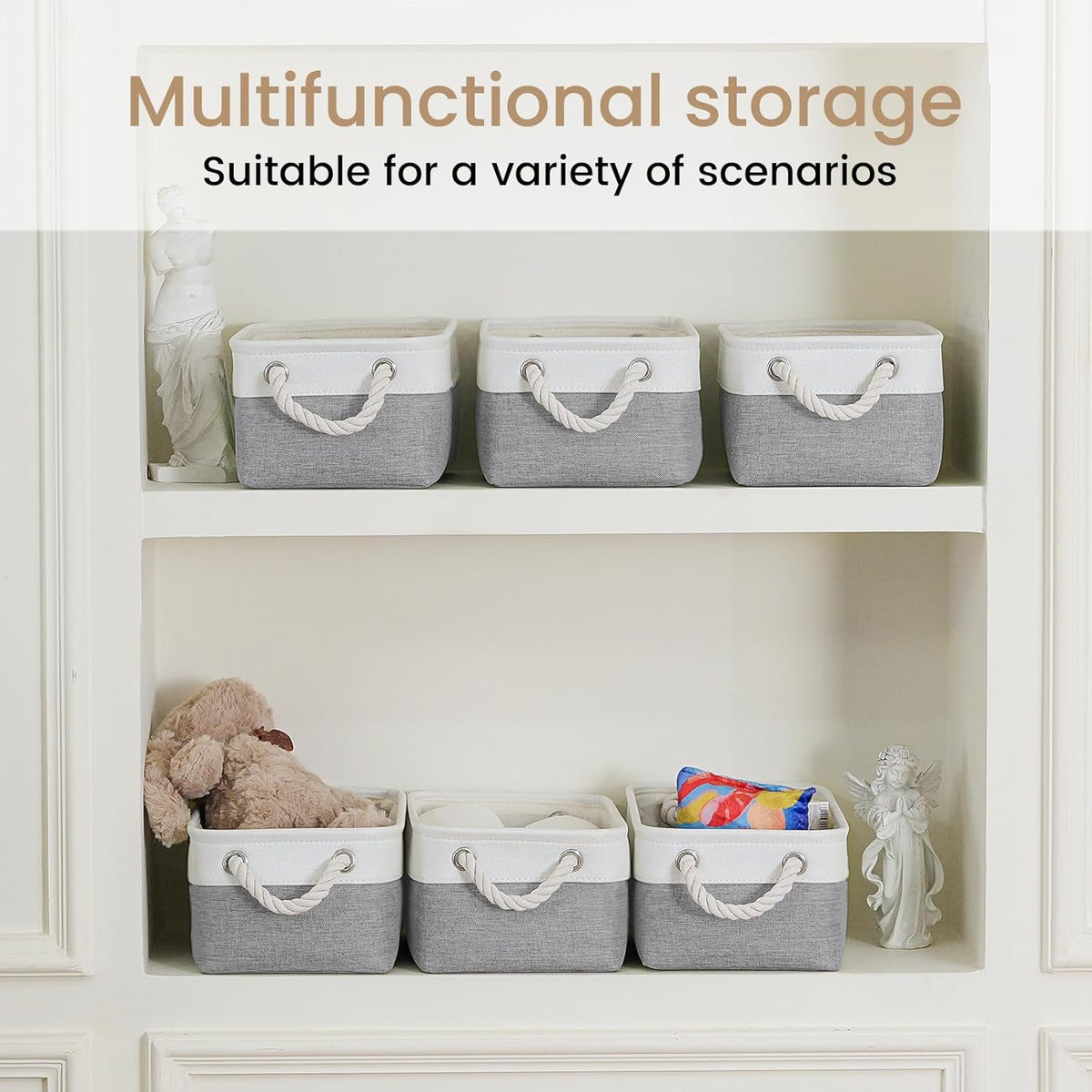 Large Storage Baskets- 15.7x11.8x8.26 inch Storage Bins for Shelves and Closet Organizing, Foldable Fabric Bin for Home Organization Clothes and Laundry (3-Pack, White&Khaki)