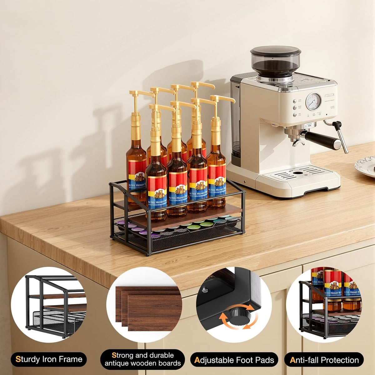 kimilus Coffee Syrup Rack Organizer, 4-Tier 12 Bottle Syrup Rack with 35 K Cup Drawer for Coffee Bar, Countertop Bottle Holder Stand for Dressing for Kitchen Cafe Station
