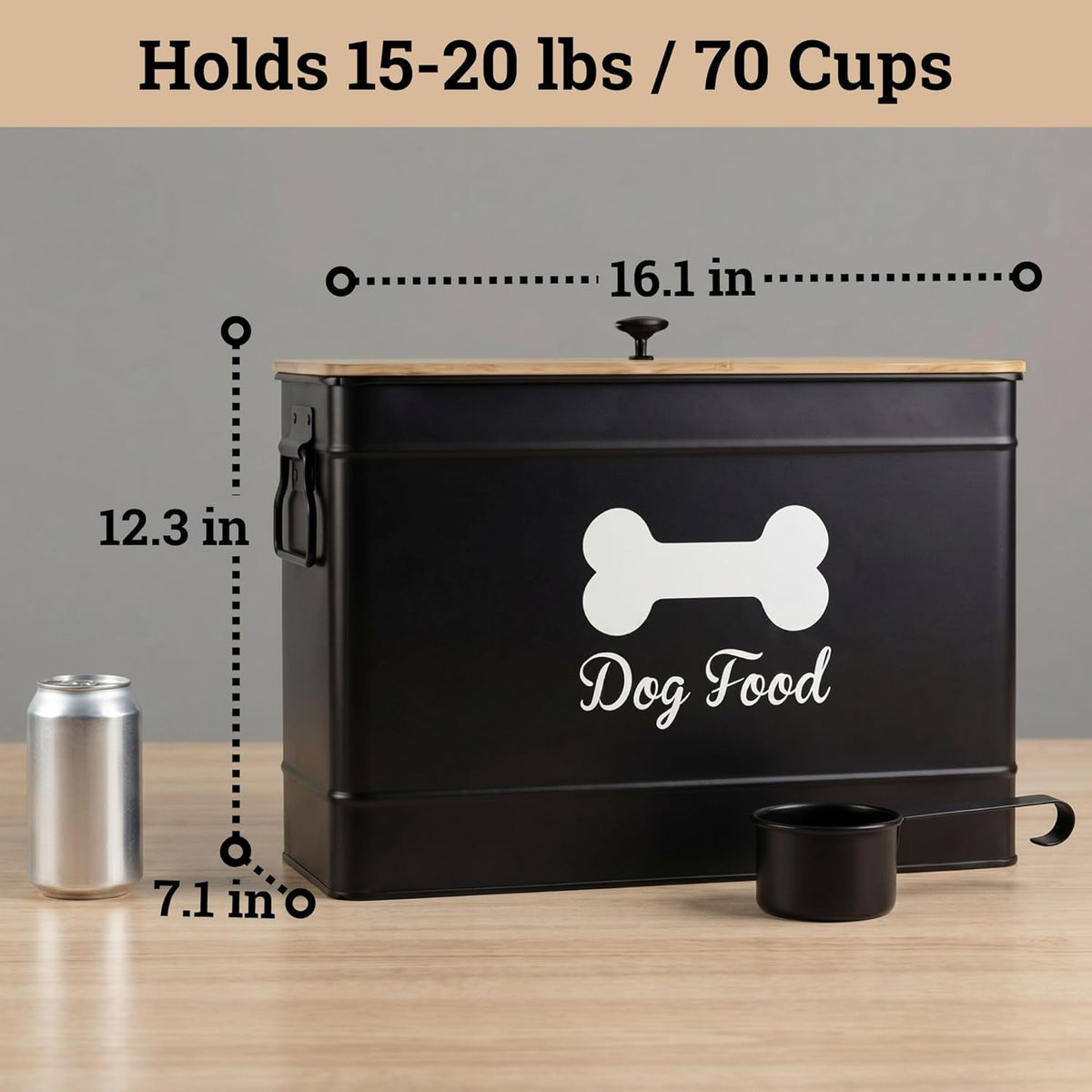 Dog Food Container Airtight 15-20 lb (70 Cup) Capacity with Metal Scoop - Cute Airtight Dog Food Storage Container with Bamboo Lid - Black Metal Kibble Storage Bin for Dogs up to 100 lbs - Big Pet Jar