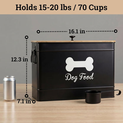 Dog Food Container Airtight 15-20 lb (70 Cup) Capacity with Metal Scoop - Cute Airtight Dog Food Storage Container with Bamboo Lid - Black Metal Kibble Storage Bin for Dogs up to 100 lbs - Big Pet Jar