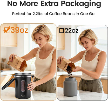 Veken Coffee Canister with Window, Family Choice Awards Winner, Airtight Stainless Steel Home Kitchen Food Storage Container with Lids for Grounds, Beans, Tea, Flour,Cereal,Sugar Jars,Scoop,16OZ,Black